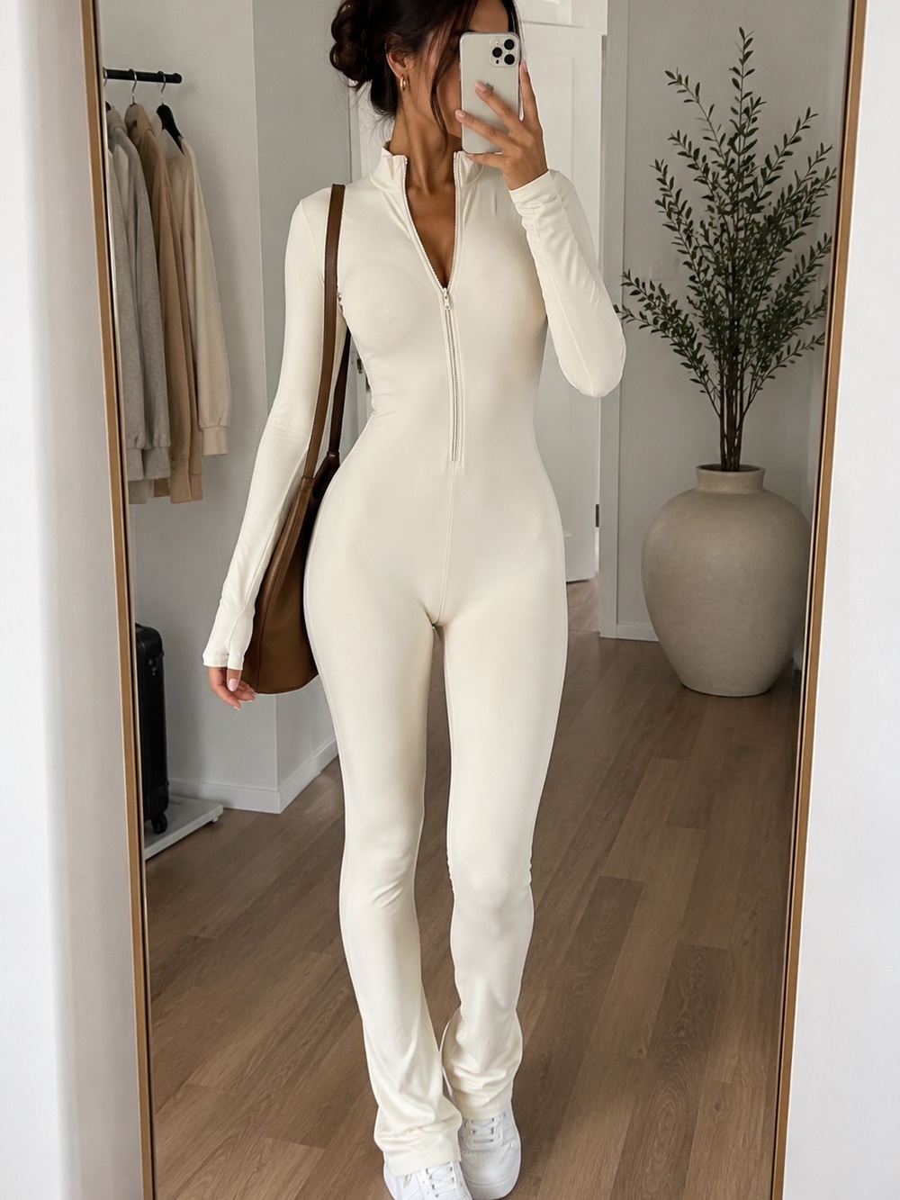 Cream Zip-Front Long-Sleeve Jumpsuit